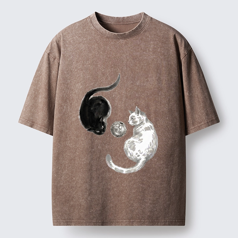 Tokyo-Tiger Cool Yin Yang Cat Art Washed T-Shirt