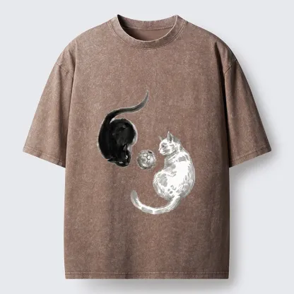 Tokyo-Tiger Cool Yin Yang Cat Art Washed T-Shirt