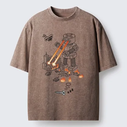 Tokyo-Tiger Funny Screw Robot Destroying City Washed T-Shirt
