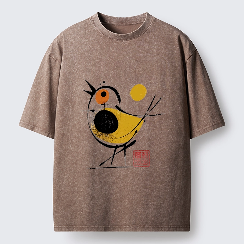 Tokyo-Tiger Aesthetic Yellow And Black Bird Washed T-Shirt