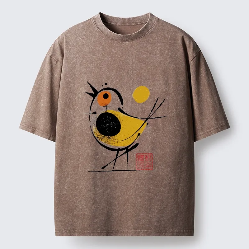 Tokyo-Tiger Aesthetic Yellow And Black Bird Washed T-Shirt