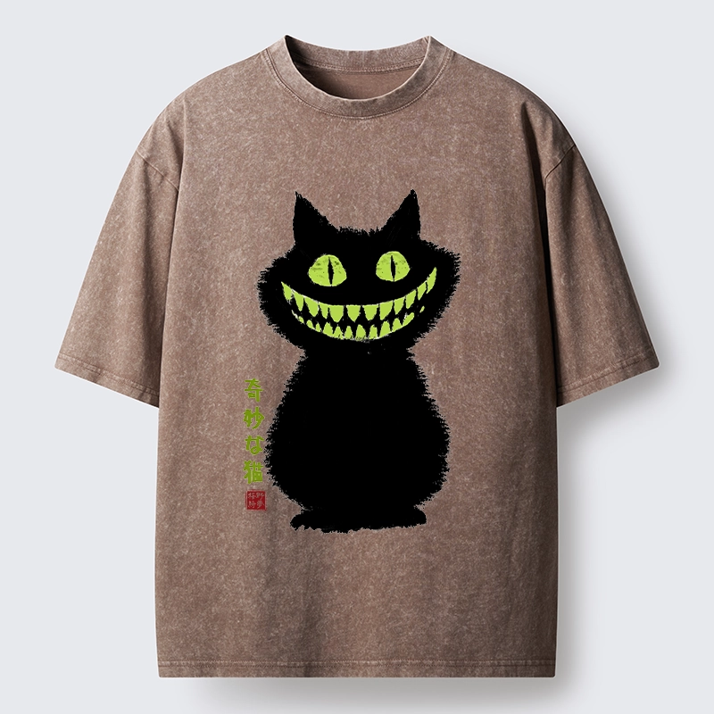 Tokyo-Tiger Spooky Black Cat With Green Teeth Washed T-Shirt