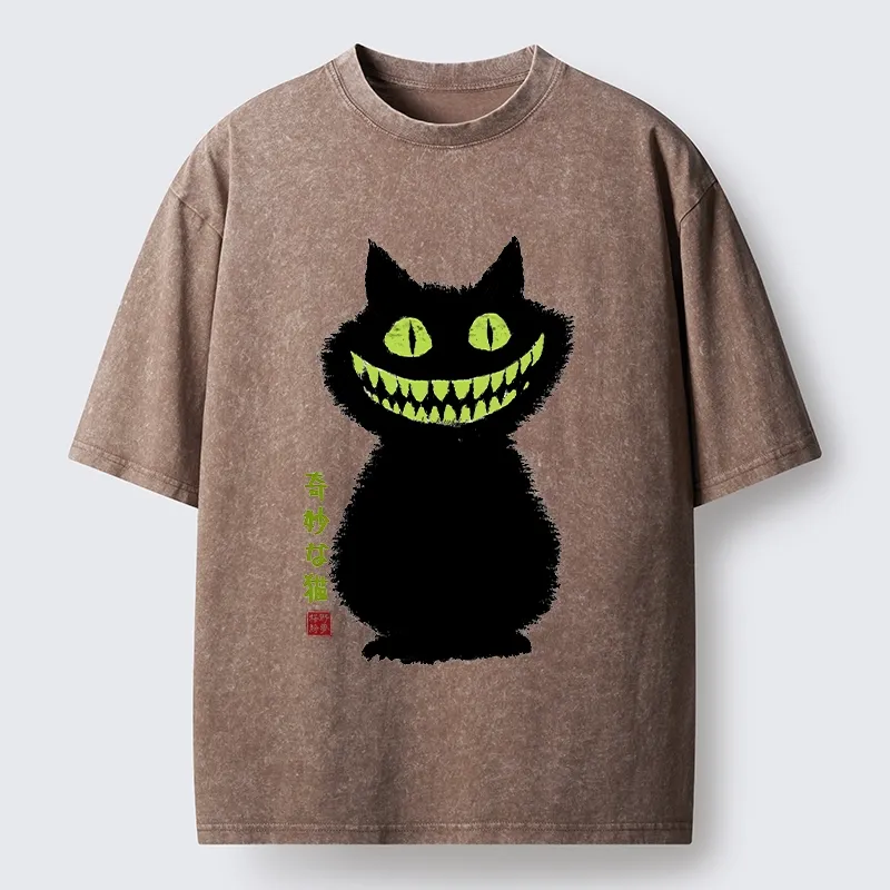 Tokyo-Tiger Spooky Black Cat With Green Teeth Washed T-Shirt