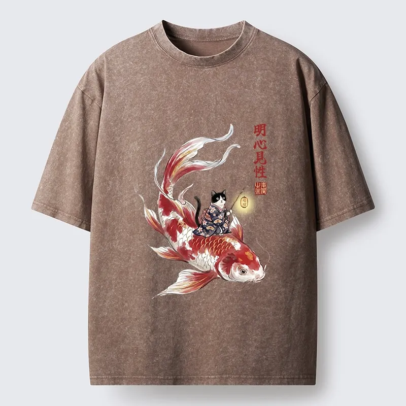 Tokyo-Tiger Cute Kimono Cat On Koi Fish Washed T-Shirt