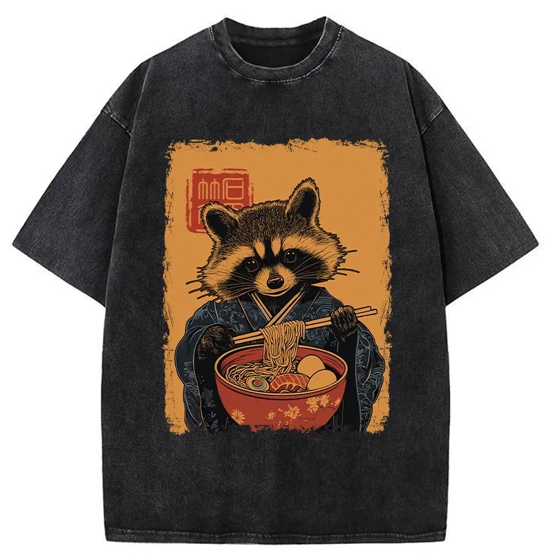 Tokyo-Tiger Ramen-obsessed Raccoon Washed T-Shirt Sale