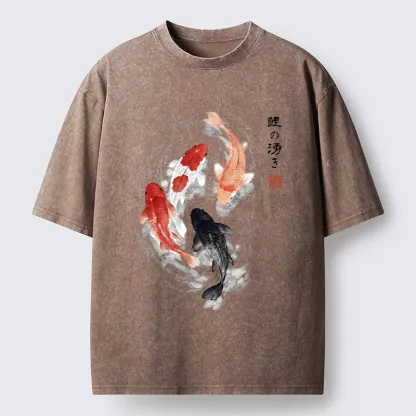 Tokyo-Tiger Koi Fish Flow In Traditional Ink Style Washed T-Shirt