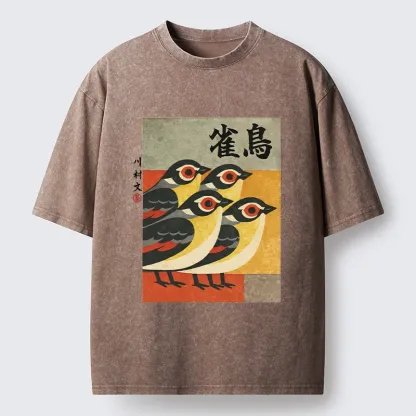 Tokyo-Tiger Cute Sparrows In Retro Japanese Print Washed T-Shir