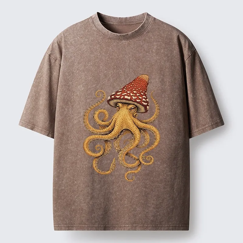Tokyo-Tiger Mushroom Octopus Fantasy Art Washed T-Shirt