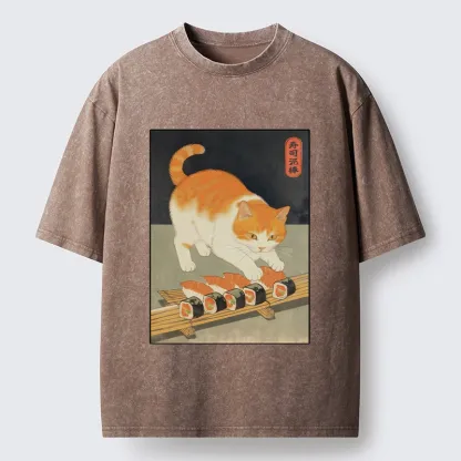 Tokyo-Tiger Cat Trying To Steal Sushi Washed T-Shirt