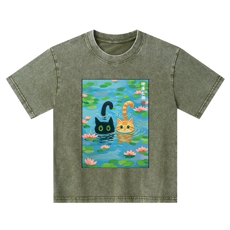 Tokyo-Tiger Cats In The Lotus Pond Kids Washed T-Shirt