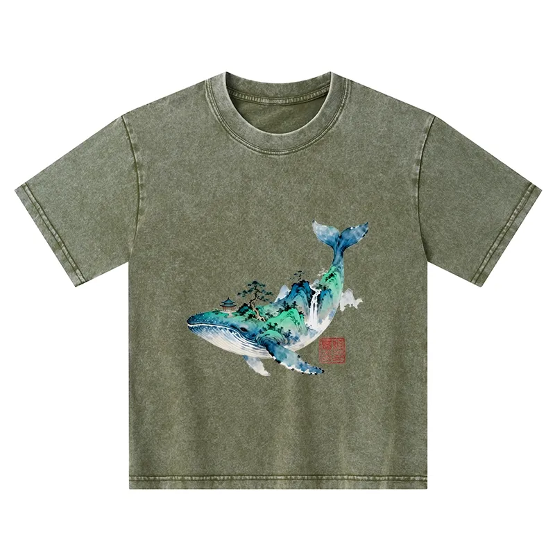 Tokyo-Tiger Whale Ink Painting Landscape Kids Washed T-Shirt