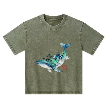 Tokyo-Tiger Whale Ink Painting Landscape Kids Washed T-Shirt