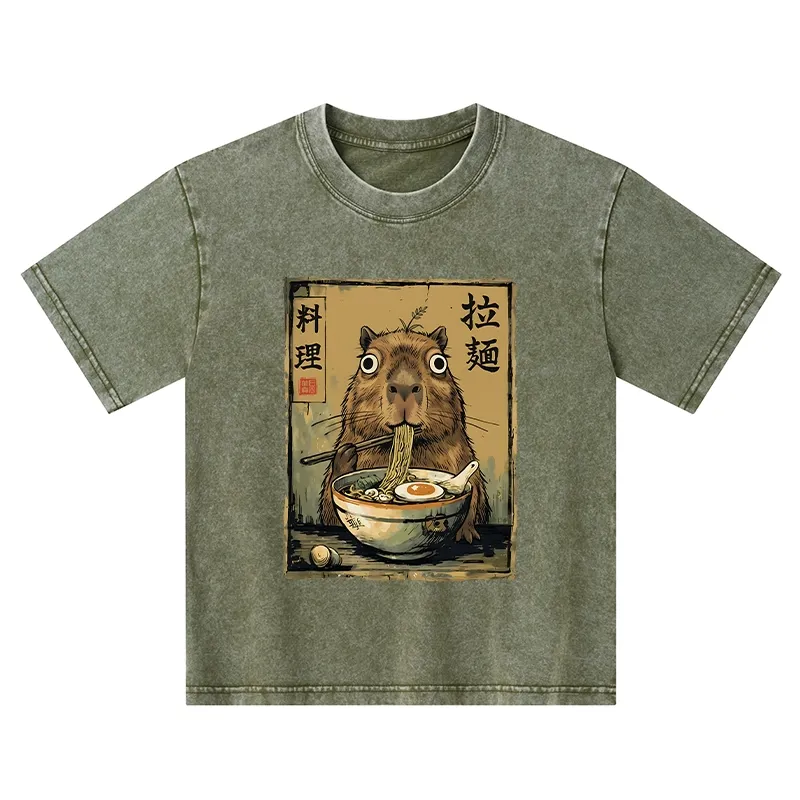 Tokyo-Tiger Cute Capybara Eating Ramen Kids Washed T-Shirt