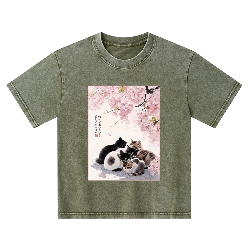 Tokyo-Tiger Cute Cats Sakura Garden Kids Washed T-Shirt