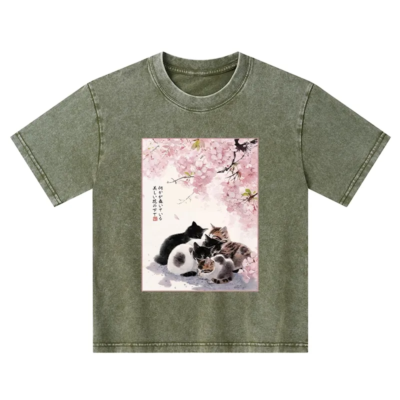 Tokyo-Tiger Cute Cats Sakura Garden Kids Washed T-Shirt