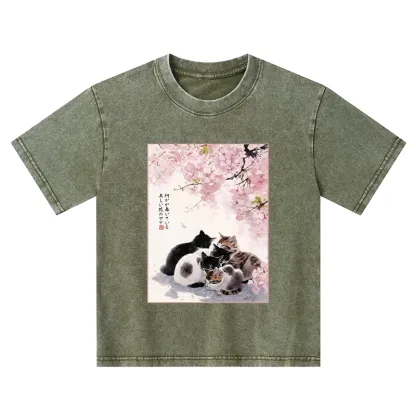 Tokyo-Tiger Cute Cats Sakura Garden Kids Washed T-Shirt
