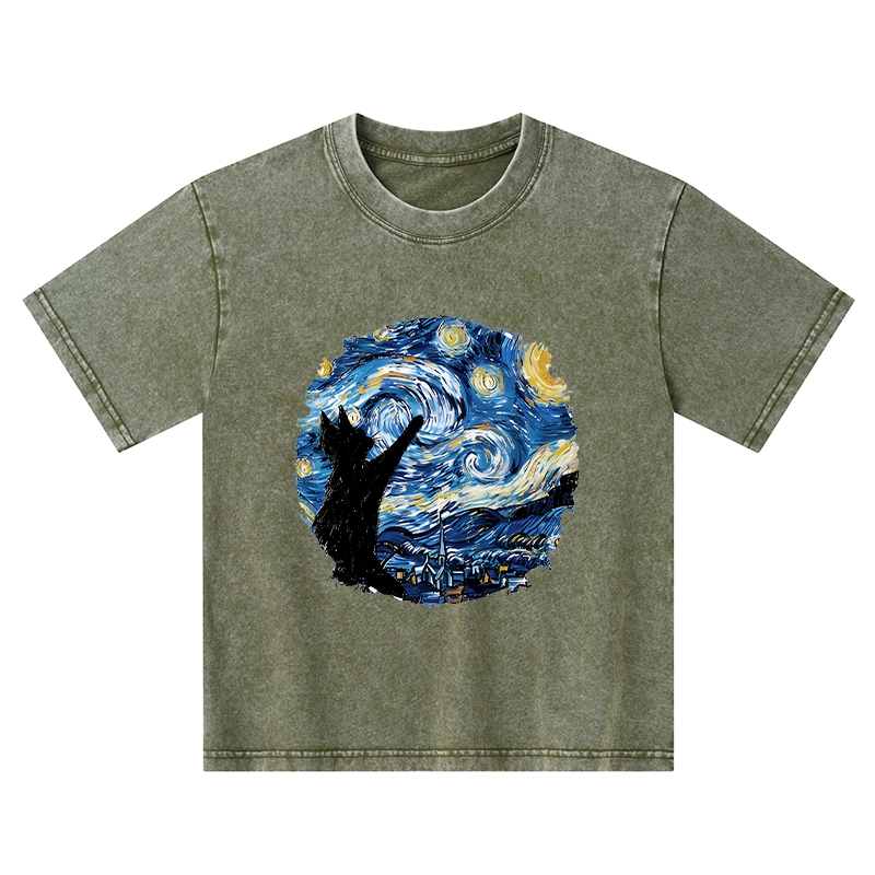 Tokyo-Tiger Starry Night Black Cat Kids Washed T-Shirt