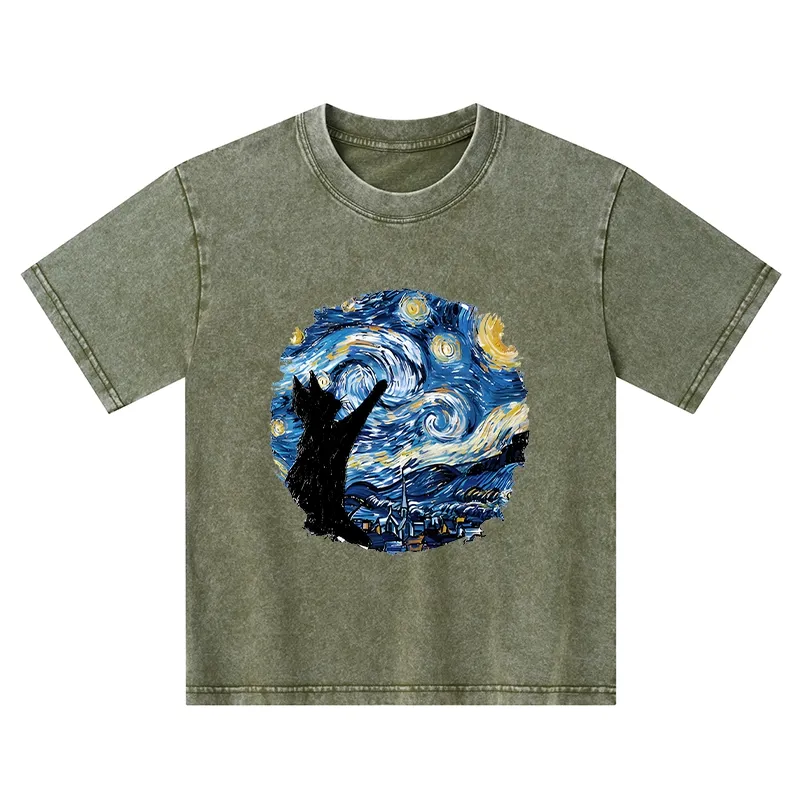 Tokyo-Tiger Starry Night Black Cat Kids Washed T-Shirt Sale