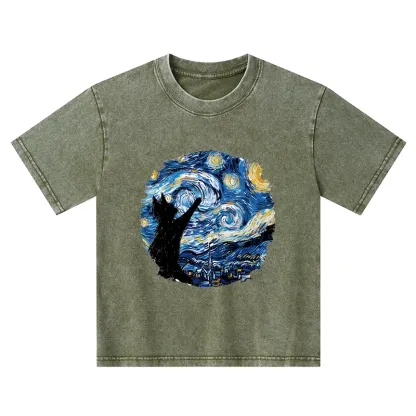 Tokyo-Tiger Starry Night Black Cat Kids Washed T-Shirt