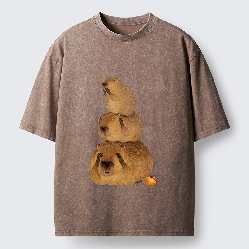 Tokyo-Tiger Capybara Hear No Evil Meme Washed T-Shirt