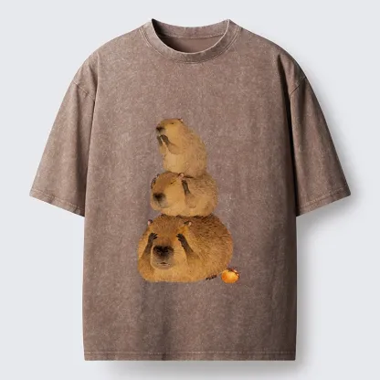 Tokyo-Tiger Capybara Hear No Evil Meme Washed T-Shirt