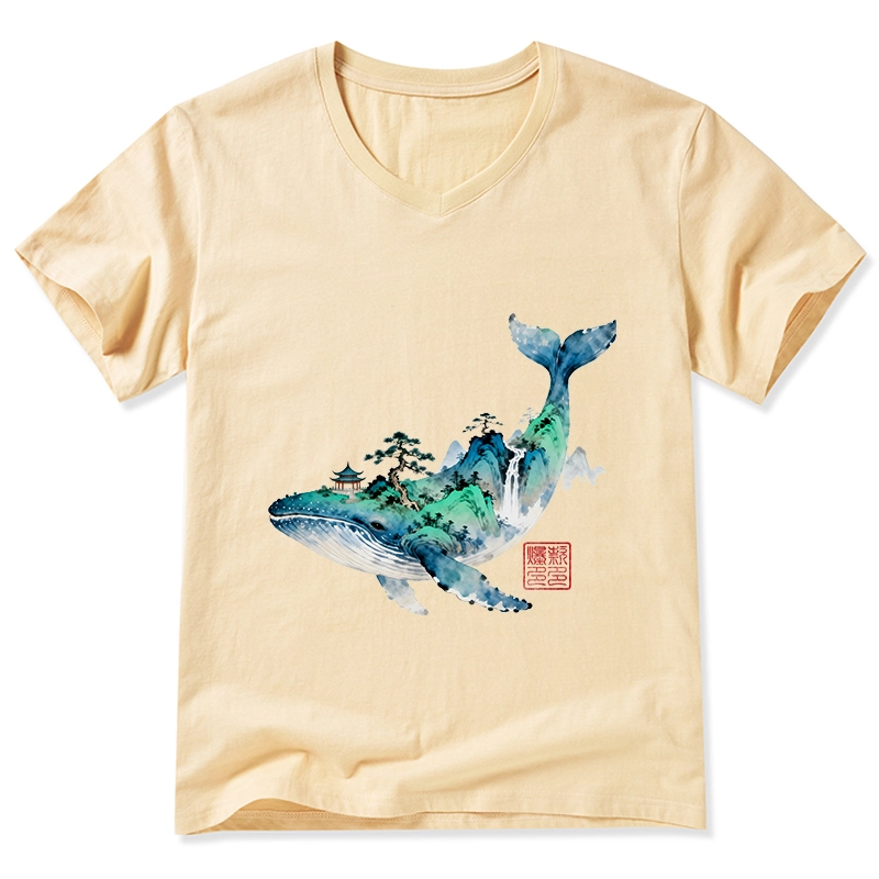 Tokyo-Tiger Whale Ink Painting Landscape V-Neck Classic T-Shirt