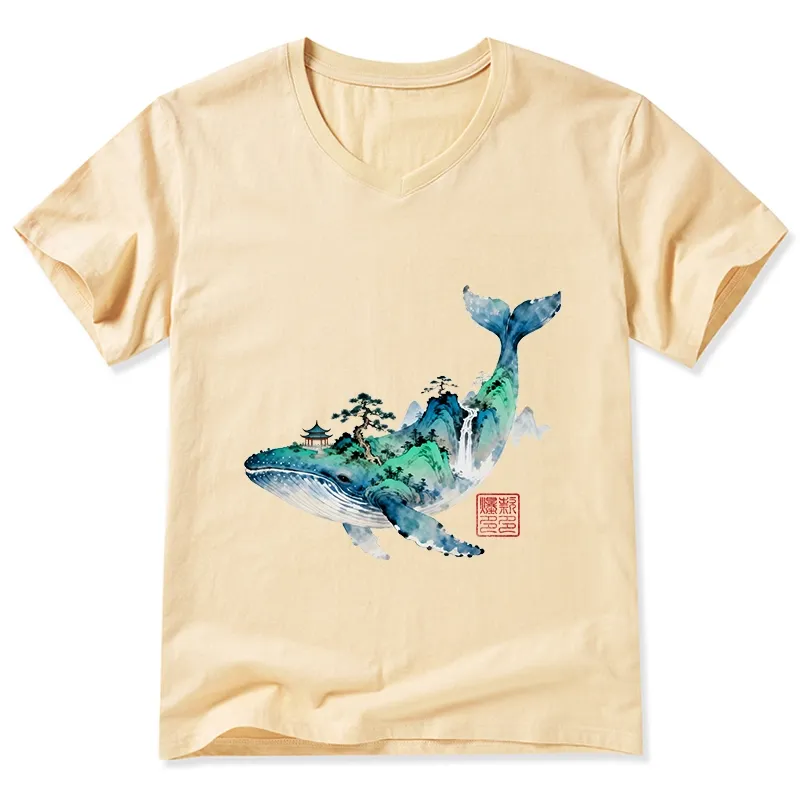 Tokyo-Tiger Whale Ink Painting Landscape V-Neck Classic T-Shirt Sale