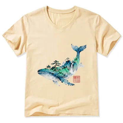 Tokyo-Tiger Whale Ink Painting Landscape V-Neck Classic T-Shirt