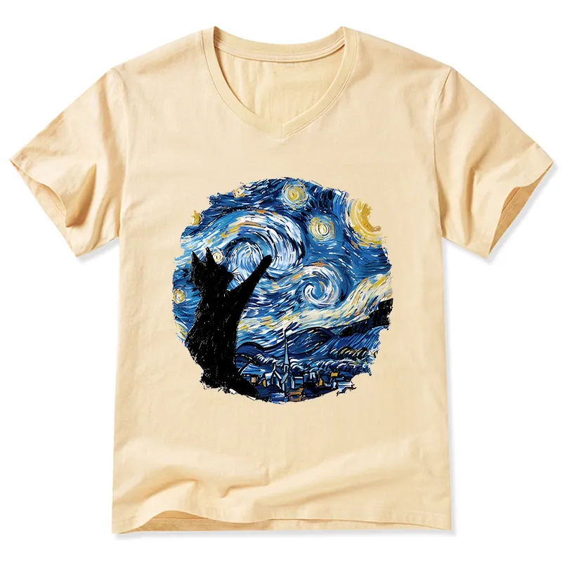 Tokyo-Tiger Starry Night Black Cat V-Neck Classic T-Shirt