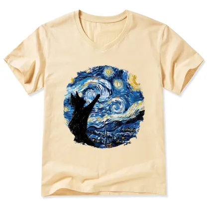 Tokyo-Tiger Starry Night Black Cat V-Neck Classic T-Shirt