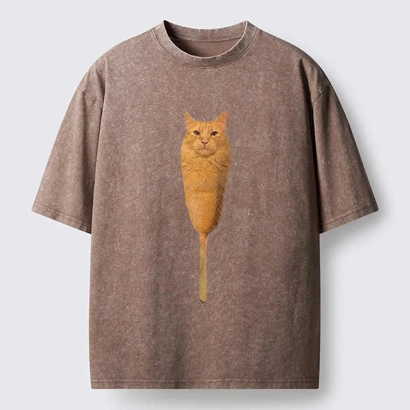 Tokyo-Tiger Orange Cat Corn Dog Meme Washed T-Shirt