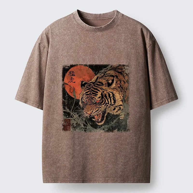 Tokyo-Tiger Fierce Tiger Red Moon Art Washed T-Shirt