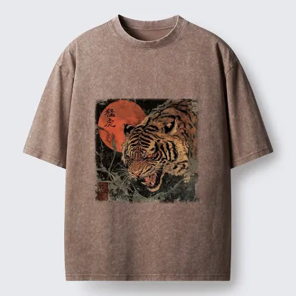 Tokyo-Tiger Fierce Tiger Red Moon Art Washed T-Shirt