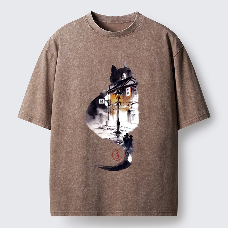 Tokyo-Tiger Black Cat Night Street Silhouette Washed T-Shirt