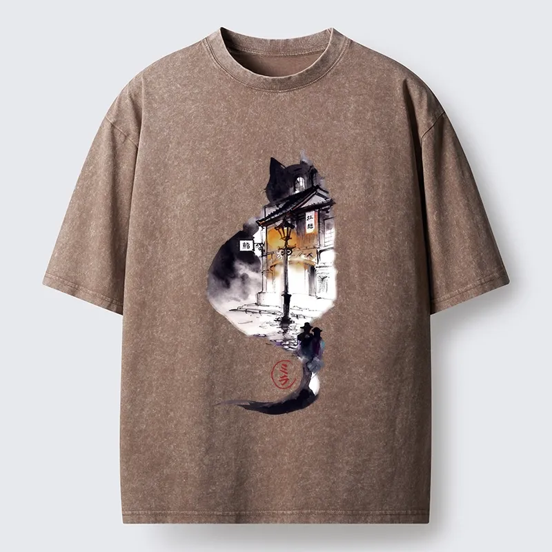 Tokyo-Tiger Black Cat Night Street Silhouette Washed T-Shirt