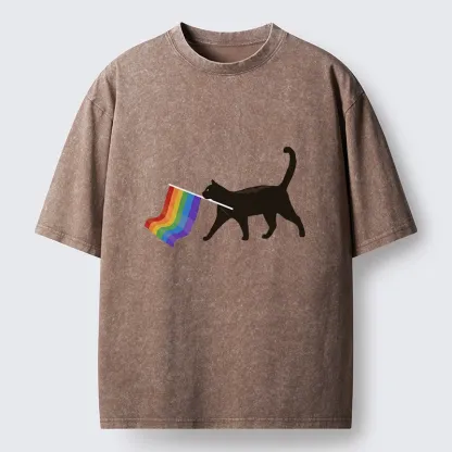 Tokyo-Tiger Black Cat With Pride Flag Washed T-Shirt