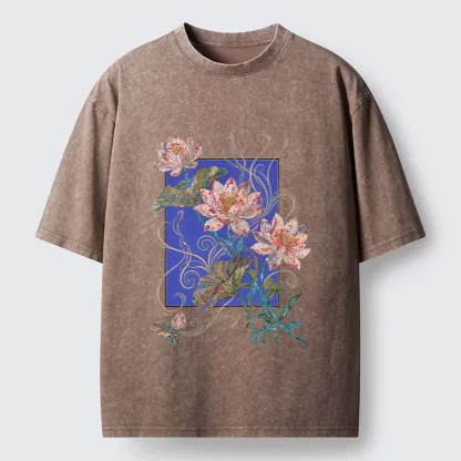 Tokyo-Tiger Lotus Art Floral Vibe Washed T-Shirt