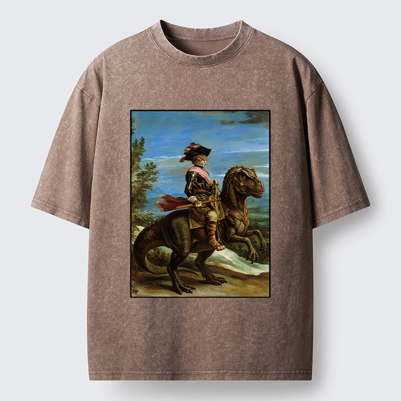 Tokyo-Tiger Fancy Cat Knight On Dinosaur Washed T-Shirt