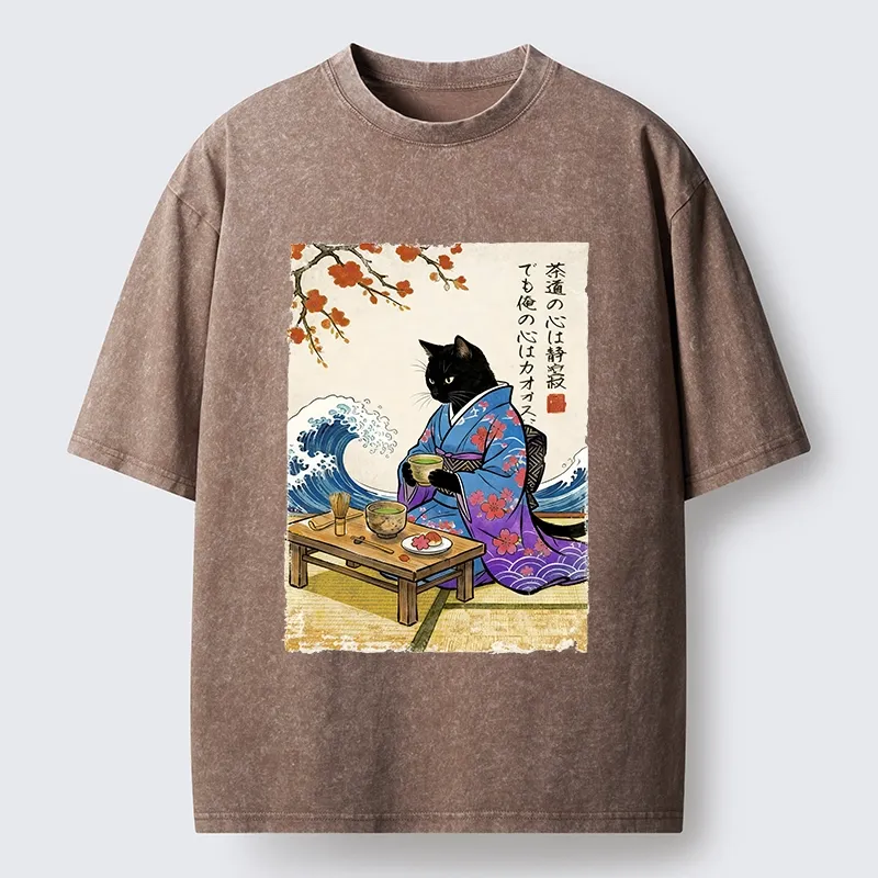 Tokyo-Tiger Black Cat Tea Ceremony Japan Washed T-Shirt
