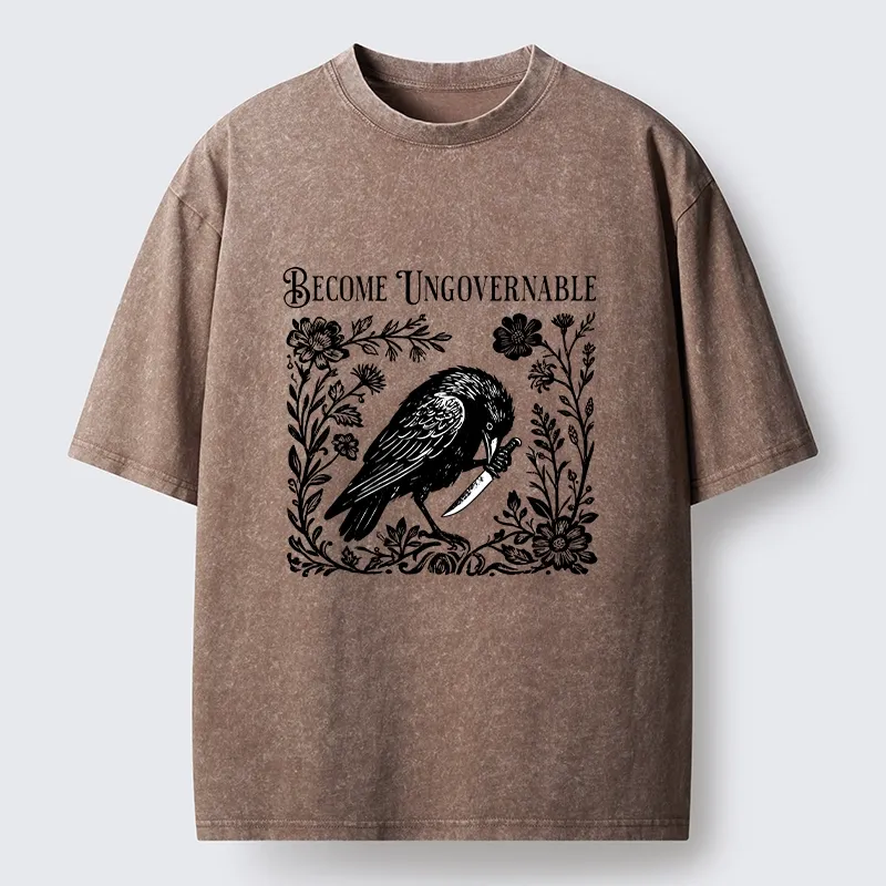 Tokyo-Tiger Crow With Knife Floral Print Washed T-Shirt