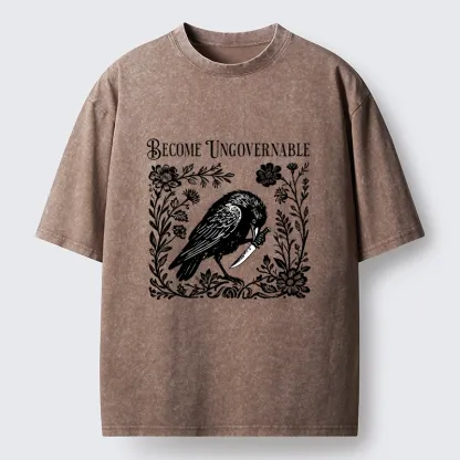 Tokyo-Tiger Crow With Knife Floral Print Washed T-Shirt