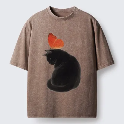 Tokyo-Tiger Black Cat With Orange Butterfly Washed T-Shirt