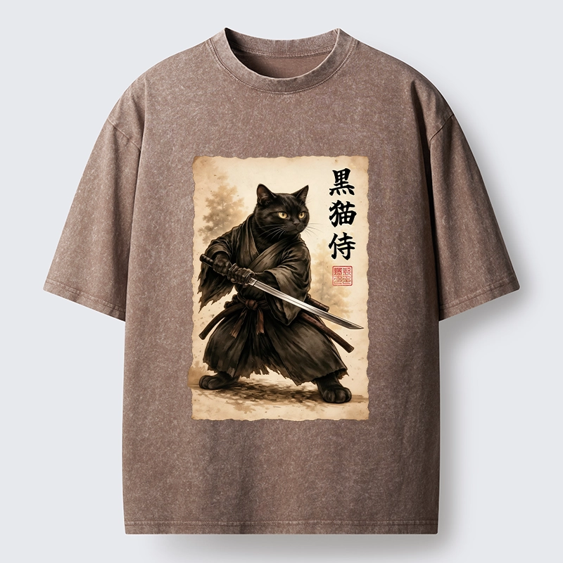Tokyo-Tiger Black Cat Samurai Warrior Art Washed T-Shirt