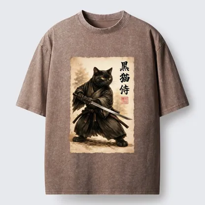 Tokyo-Tiger Black Cat Samurai Warrior Art Washed T-Shirt