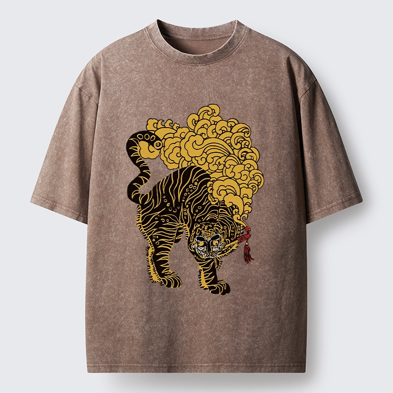 Tokyo-Tiger Black And Gold Tiger With Clouds Washed T-Shirt