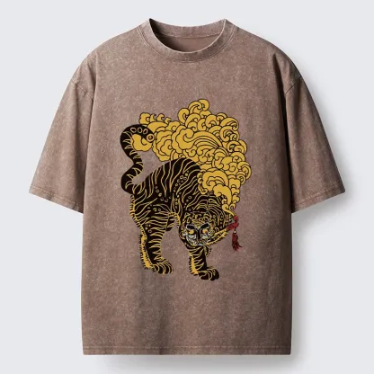 Tokyo-Tiger Black And Gold Tiger With Clouds Washed T-Shirt