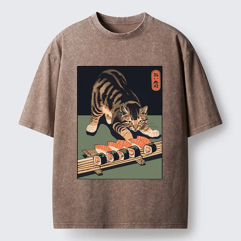 Tokyo-Tiger Cat Trying To Steal Sushi Washed T-Shirt