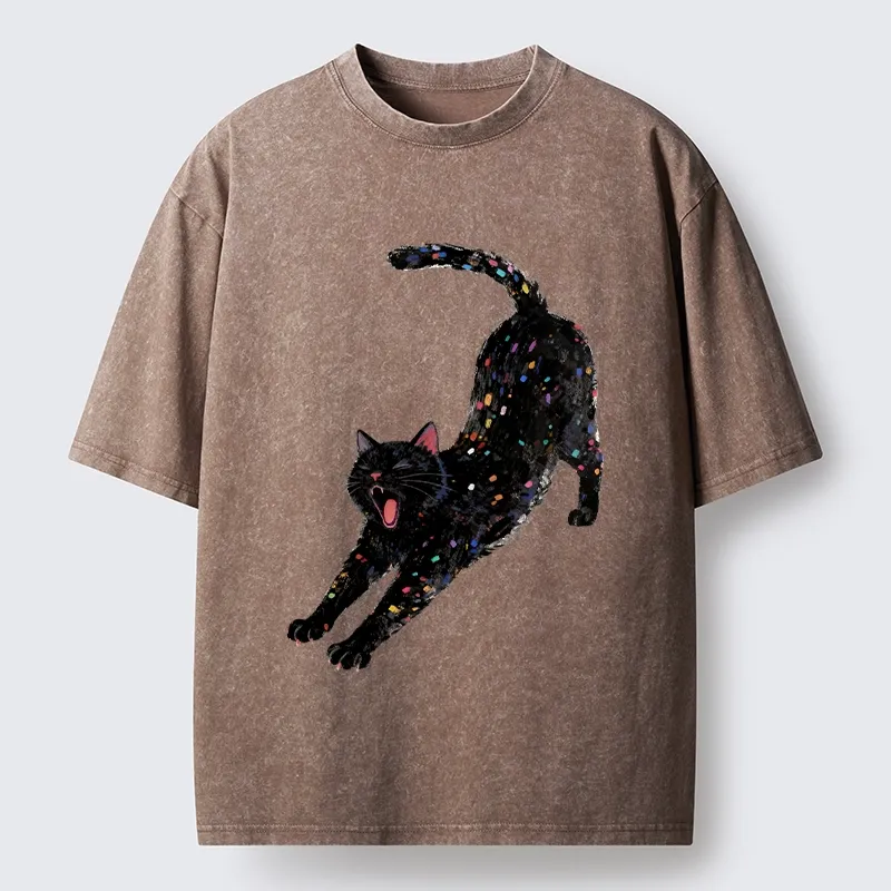 Tokyo-Tiger Dreamy Black Cat Yawning And Stretching Washed T-Shirt