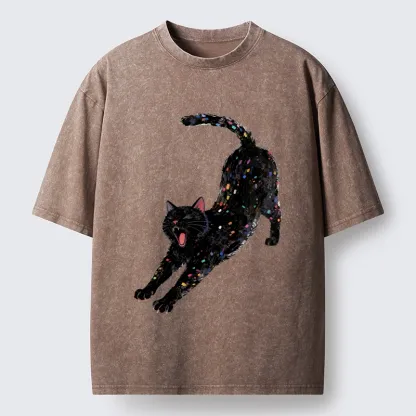 Tokyo-Tiger Dreamy Black Cat Yawning And Stretching Washed T-Shirt