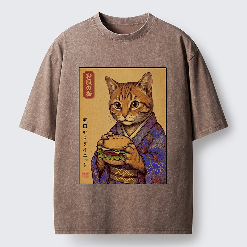 Tokyo-Tiger Kimono Cat Eating A Burger Washed T-Shirt